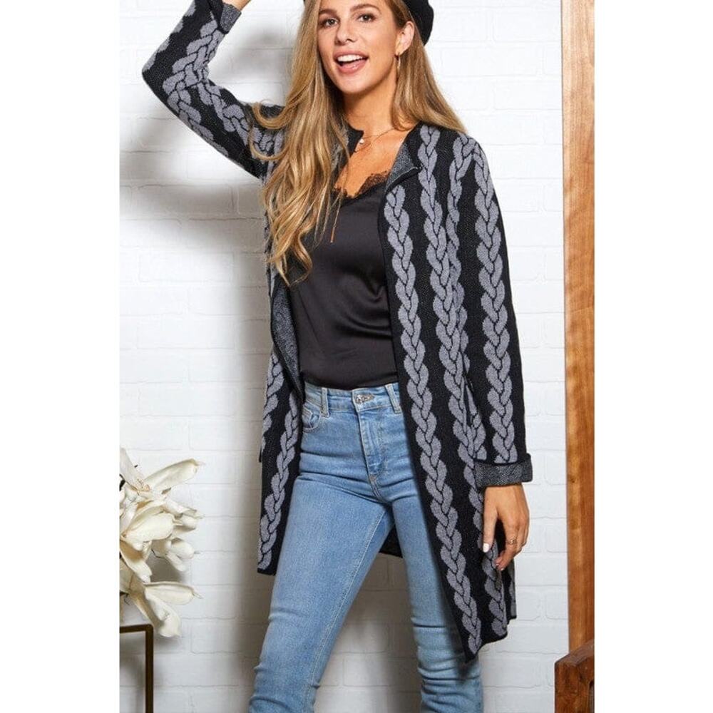 Gray and Black Long Knit Cardigan Teacher Academia Pockets L